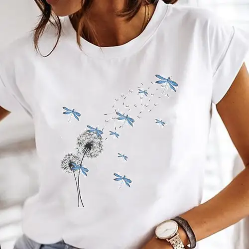 Ropa estampada para mujer, camiseta con estampado de diente de león, acuarela, libélula, amor, Tops para mujer, camiseta gráfica con estampado de dibujos animados para mujer