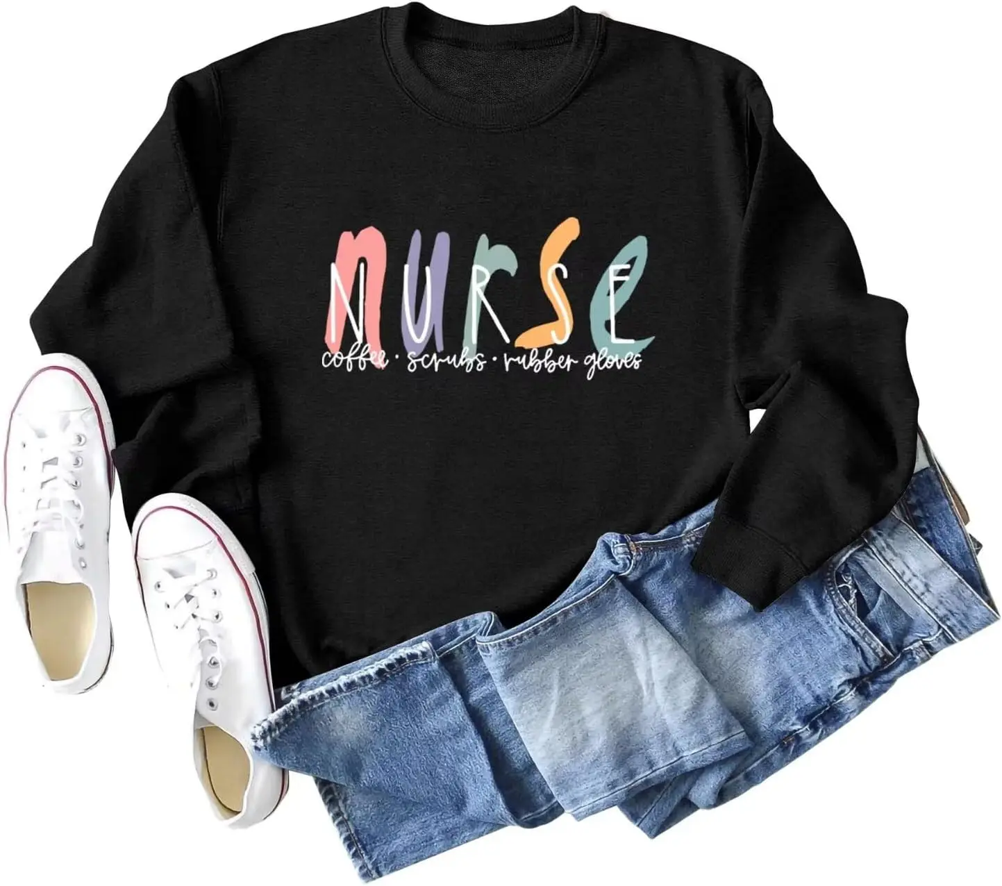 Lirnorsri Nurse Sweatshirts for Women Funny Colorful Graphic Coffee Scrubs Rubber Gloves Long Sleeve Crewneck Pullover