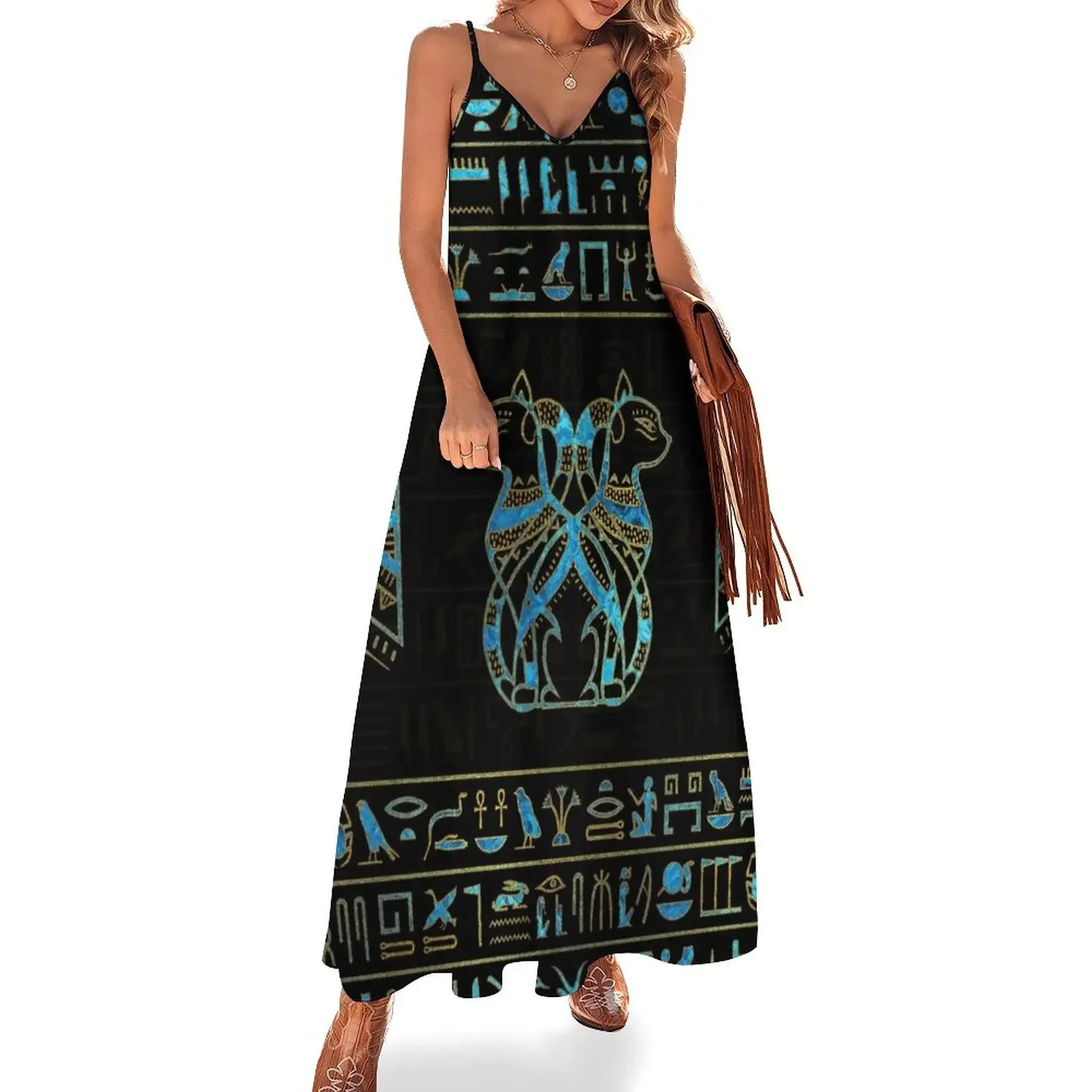 

Egyptian Cats Gold and blue stained glass Sleeveless Dress sexy dress for women Clothing Dress