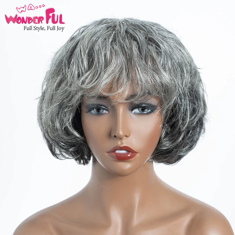 Wonderful Brazilian Remy Hair Short Silver Gray Wavy Bob Human Hair Wigs For Older Women Remy Hair Bangs Wigs Women Hair