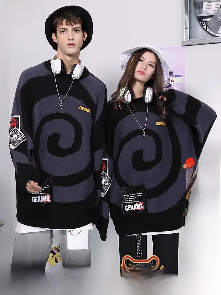 

Genanx Thunder Tide Bat Sve Long Sve Knitwear Casual Loose Fit Striped Embroidery Men's Winter Faion round Ne Sweater