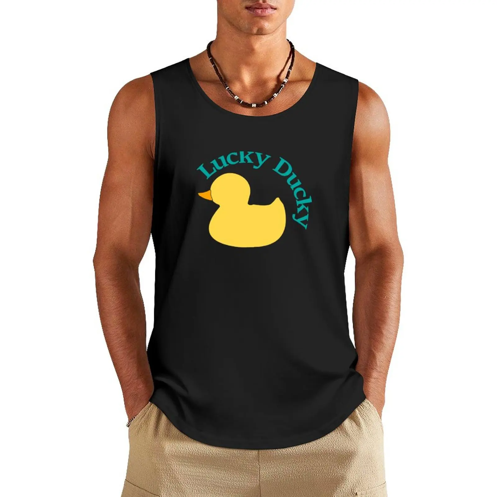 Cute Lucky Rubber Ducky Duck - Yellow with Teal Text Tank Top summer 2024 Men's sleeveless t-shirt