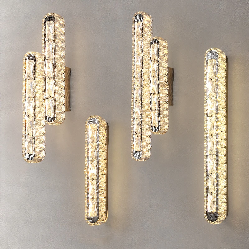 

Modern Crystal LED Wall Lamp Surface Mount Bedroom Aisle Parlor Dining Room Wall Lights Rectangle Silver Nordic Sconces