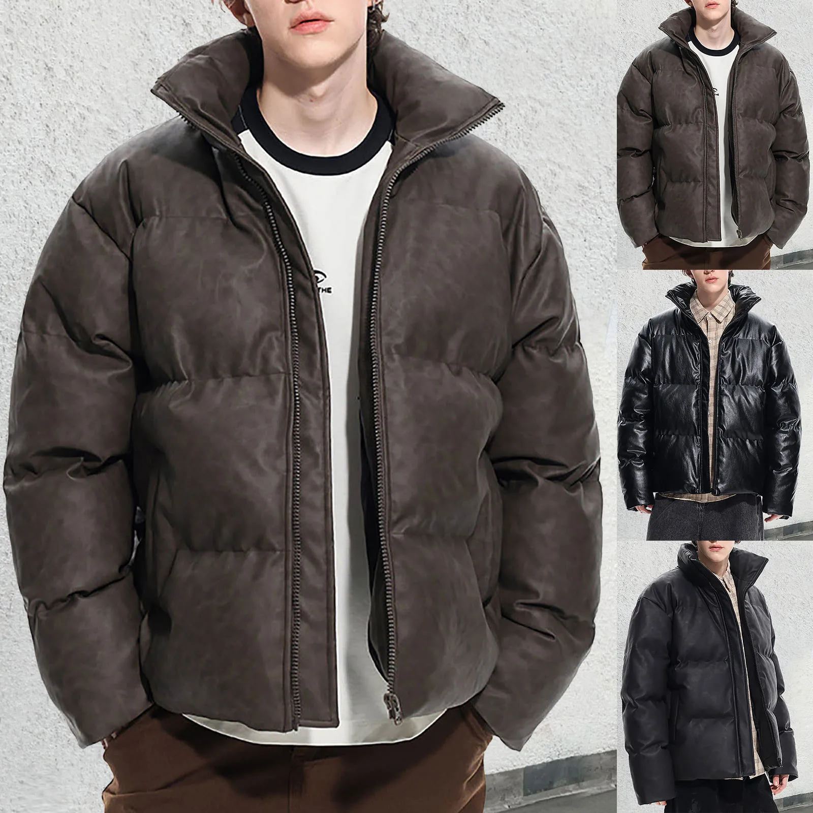 

Men's Solid Color Fashion Stand Collar Thick Loose Casual Short Padded Jacket Mens Coats Winter warm coats PU Fabric 2024 new