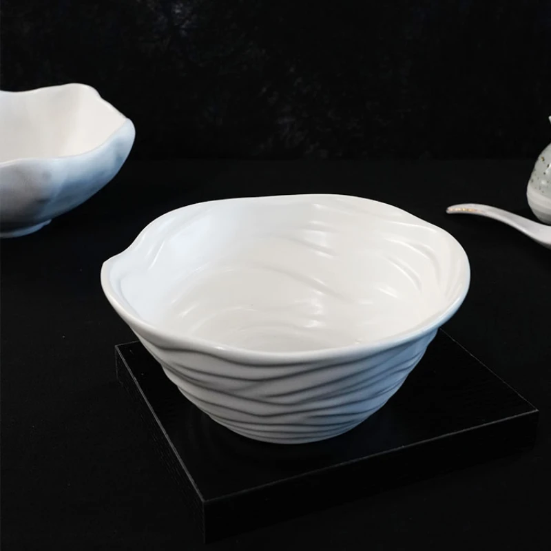 Matte White Three-dimensional Wavy Ceramics Lamian Noodles Bowl Restaurant Simple Hat Large Soup Salad Advanced