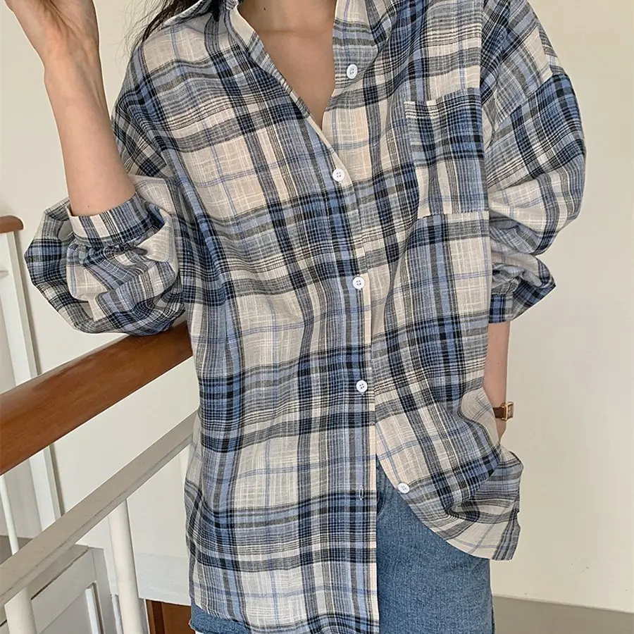 Retro Blue White Plaid Loose Long Sleeve Shirt Women's Casual Style Thin Sun Protection Turn-down Collar Mid-length Top