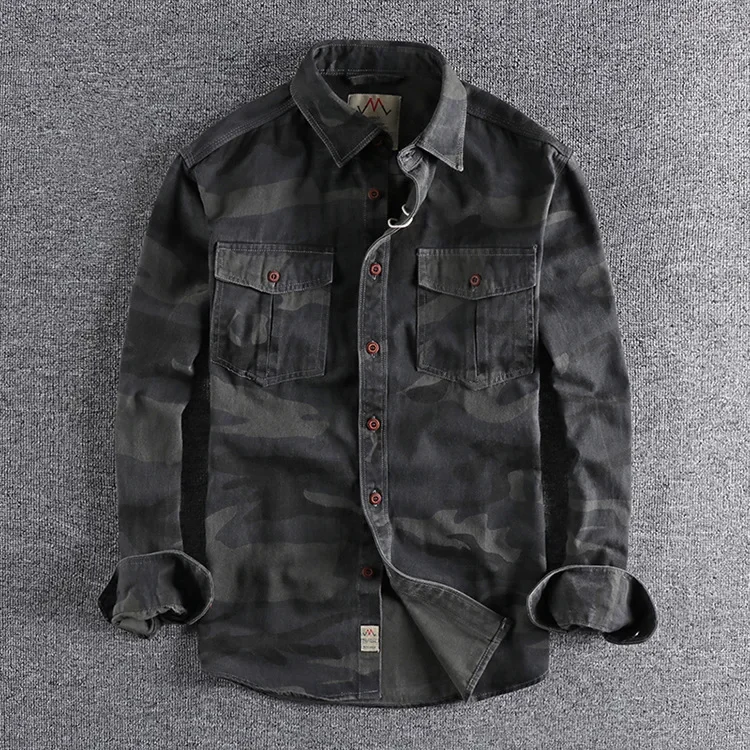 Men's Double Pocket Long Sleeve Shirts Camouflage Cargo Shirts High Quality 100% Cotton Outdoor Hiking Sports Casual Shirts