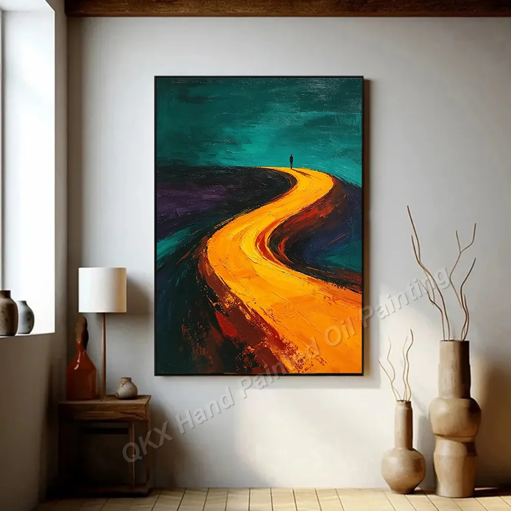 Large Abstract Oil Painting Handmade Original Wall Art with Palette Knife Road Lone Figure Scenery for Living Room Decor