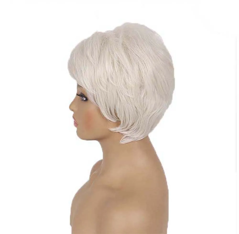 Short White Synthetic Wig Ombre Fluffy Pixie Cut Wig With Bangs For Women Natural Daily Wear Wig