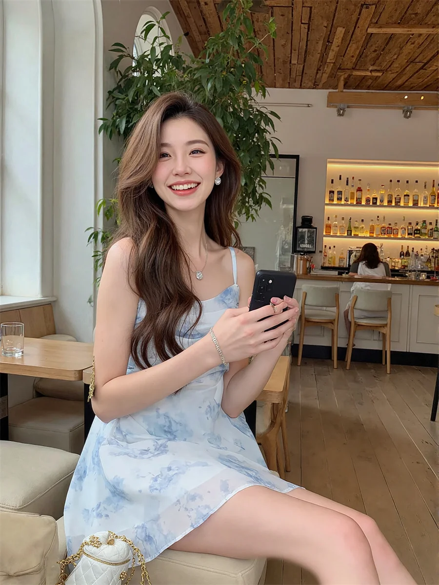 Floral mini chiffon céu azul vestidos feminino bolo plissado cordão em camadas artístico único moderno feminino chique applique retalhos