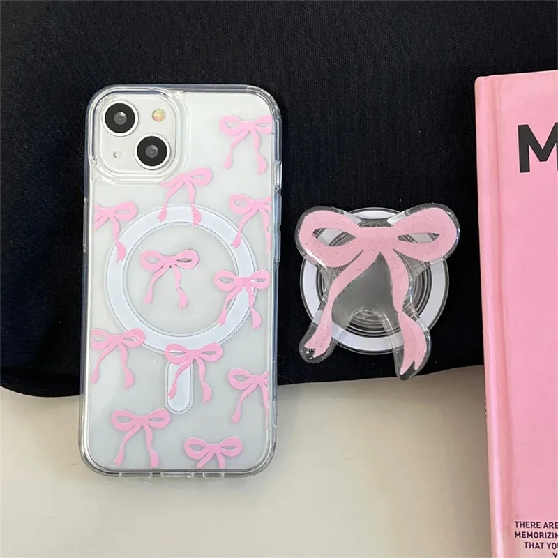 Korea Cute Pink Blue Bowknot Magnetic Holder Grip Tok Griptok Phone Stand Holder Support for IPhone 16 for Pad Magsafe Smart Tok