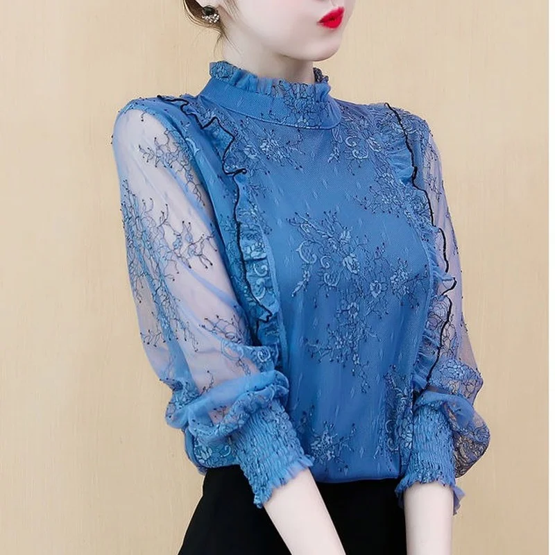 

Lace shirt women long-sleeved new western style blouse 2023 spring and summer new all-match lace top single wear bottoming shirt