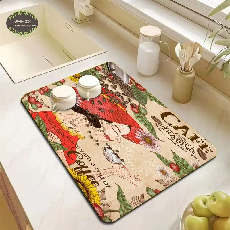 Vintage Coffee Cafe Drainage Mat Pad Placemat Kitchen Dish Drainer Napa Skin Waterproof Quick Dry Absorbent Tableware Bottle Rug