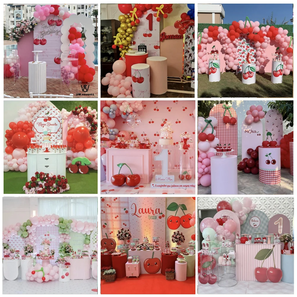 Чехлы на цилиндры с вишневой тематикой для девочек, вечеринки по случаю дня рождения, красные пледы, розовые эластичные чехлы на пьедестале, декор для праздничной скатерти