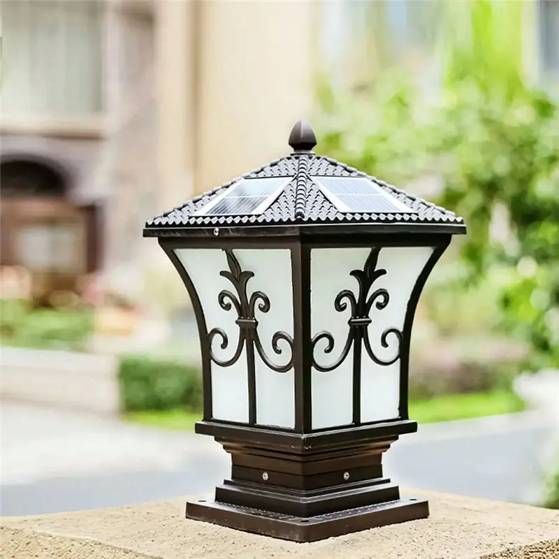 AB08-Solar Powered LED Post Lights Outdoor Dusk To Dawn Illumination Vintage Style Solar Lamp Pillar Fixtures Exterior Lighting