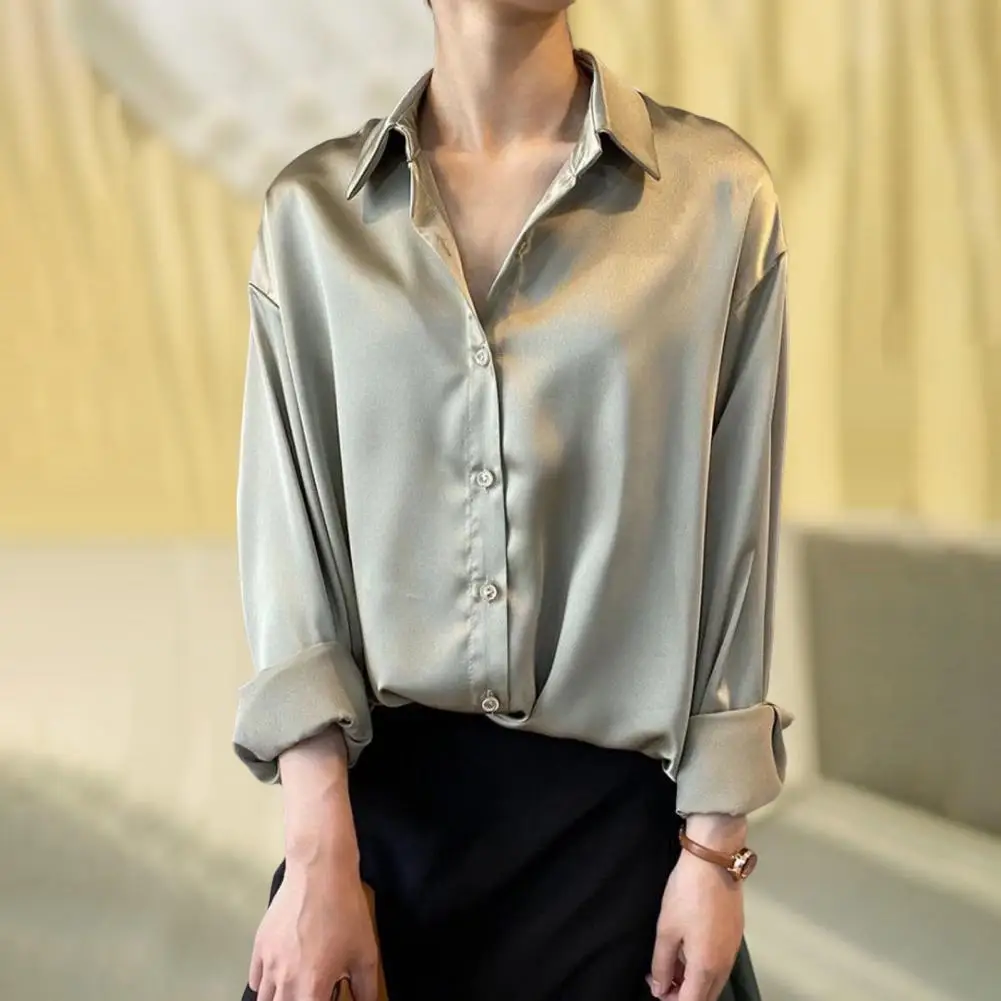 Autumn Fashion Button Up Satin Shirt Vintage Blouse Women White Lady Long Sleeves Female Loose Street Shirts