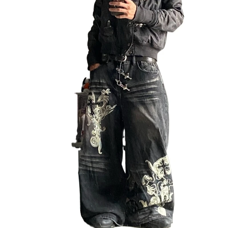 American Y2K Vintage New Pattern Printing Black Baggy Jeans Men Gothic Harajuku Hip Hop Popular Casual Joker Wide-leg Pants