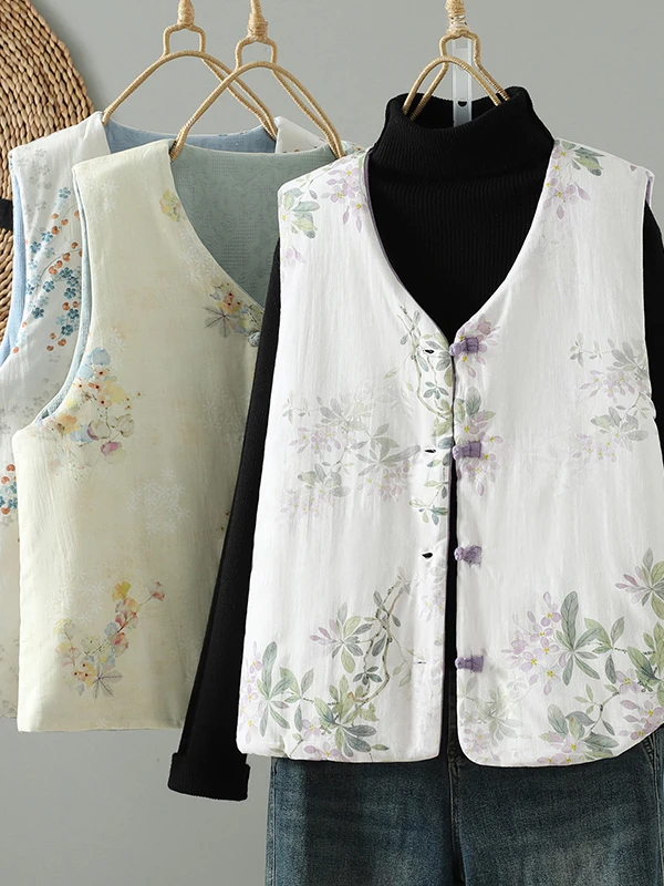 

High-End Women's Double-Sided Wear V-Ne Chinese Sle Button Warm Vest Top Large Size Faionable Retro Loose Fit Print