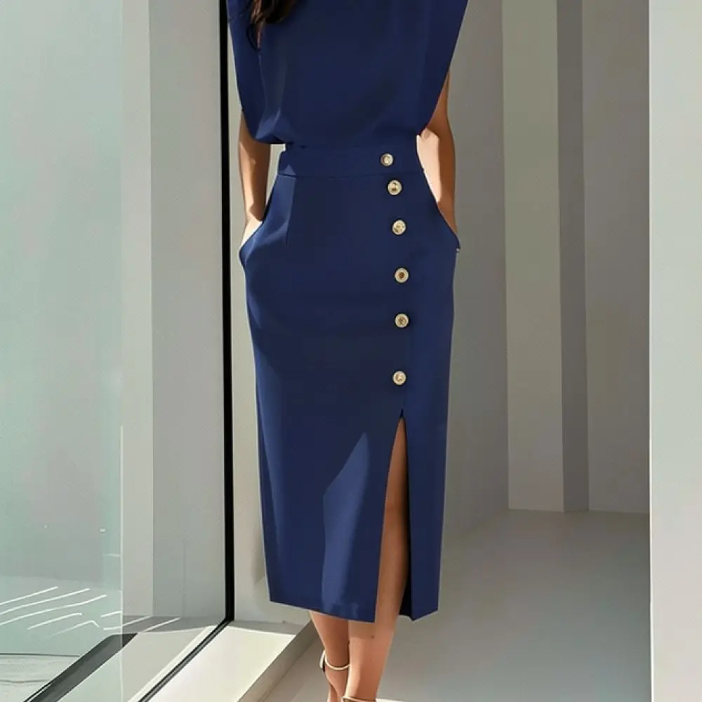 Fashionable Womens Summer Midi Dress Sleeveless O Neck Slim Fit Split Button Elegant Casual Office Work Party Vestidos