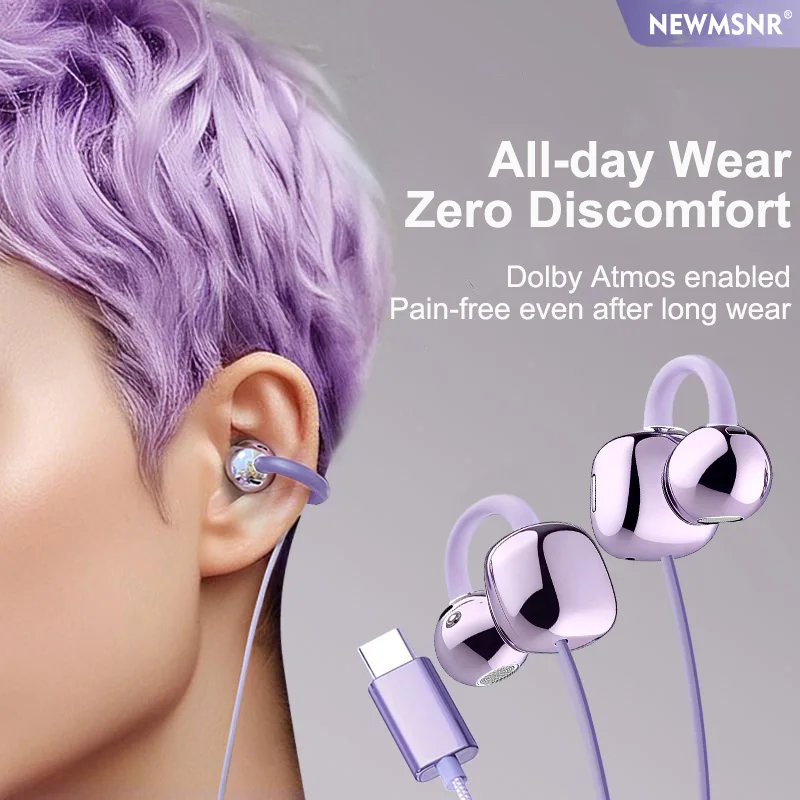 NEW Clip-on Type C&3.5mm Wired Headphones HIFI Sound Sports Earbuds Handfree Gaming Headsets With HD Mic Earphones For Samsung