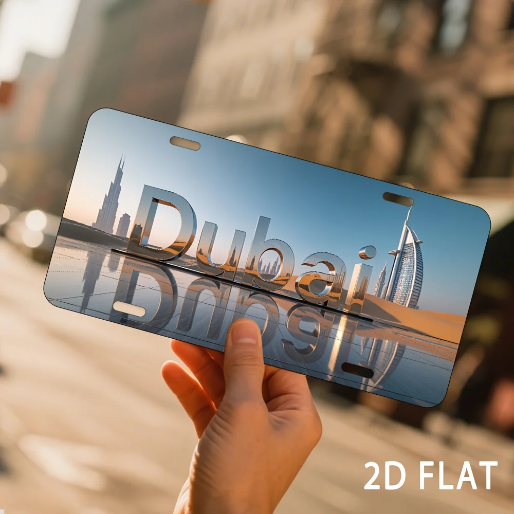 Dubai Skyline & Desert 2D Flat Printing Decorative License Plate, Modern Metallic Text Themed Decorative Aluminum Sign for Home,