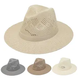 Men Wide Brim Fisherman Hat Breathable Sun Visors Straw Woven Female Jazz Top Hat Sunscreen Hollow Out Outdoor Hat Cowboy Cap