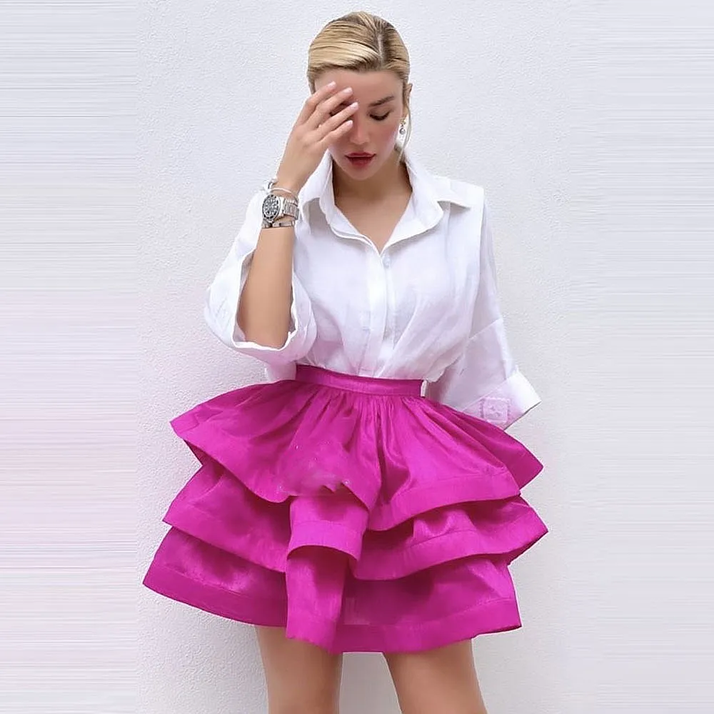 تنورة نسائية قصيرة متدرجة باللون الفوشيا بخصر عالٍ فوق الركبة تنانير حفلات faldas para mujeres تنورة عيد ميلاد للسيدات بدون أكمام