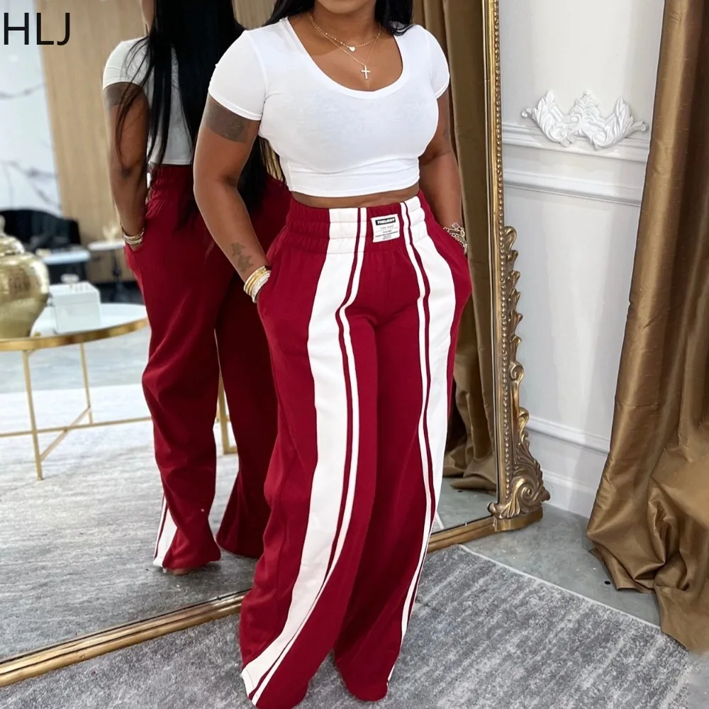 HLJ Fashion Stripe Patchwork Straight-leg Pants for Women American Retro Color Block Loose Pants Female Streetwear Clothing New