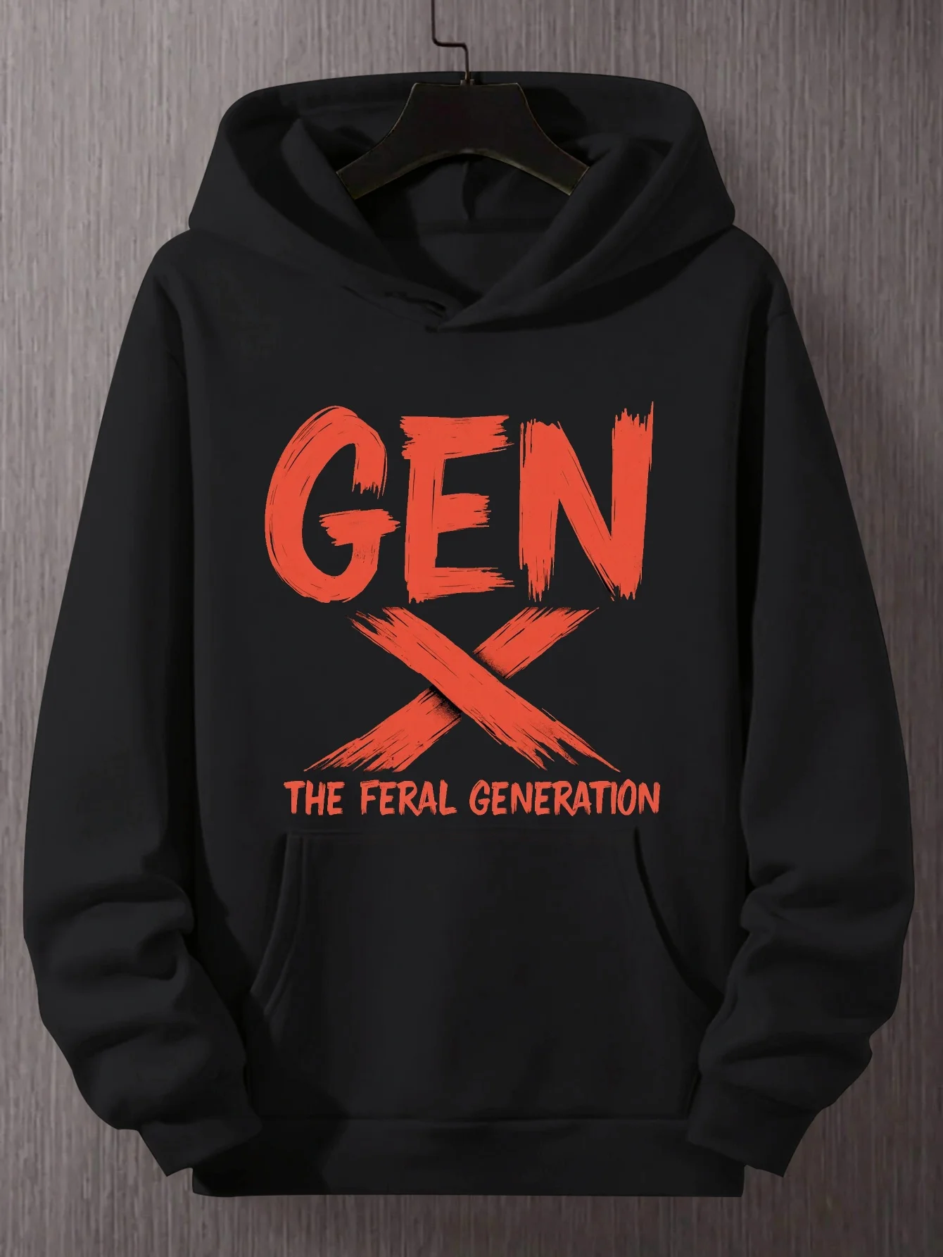 GEN X „The Feral Generation“ Herren-Oversize-Hoodie – Schwarz, lässiger, lockerer Schnitt, roter Grafikdruck, lange Ärmel, nicht dehnbarer Stoff