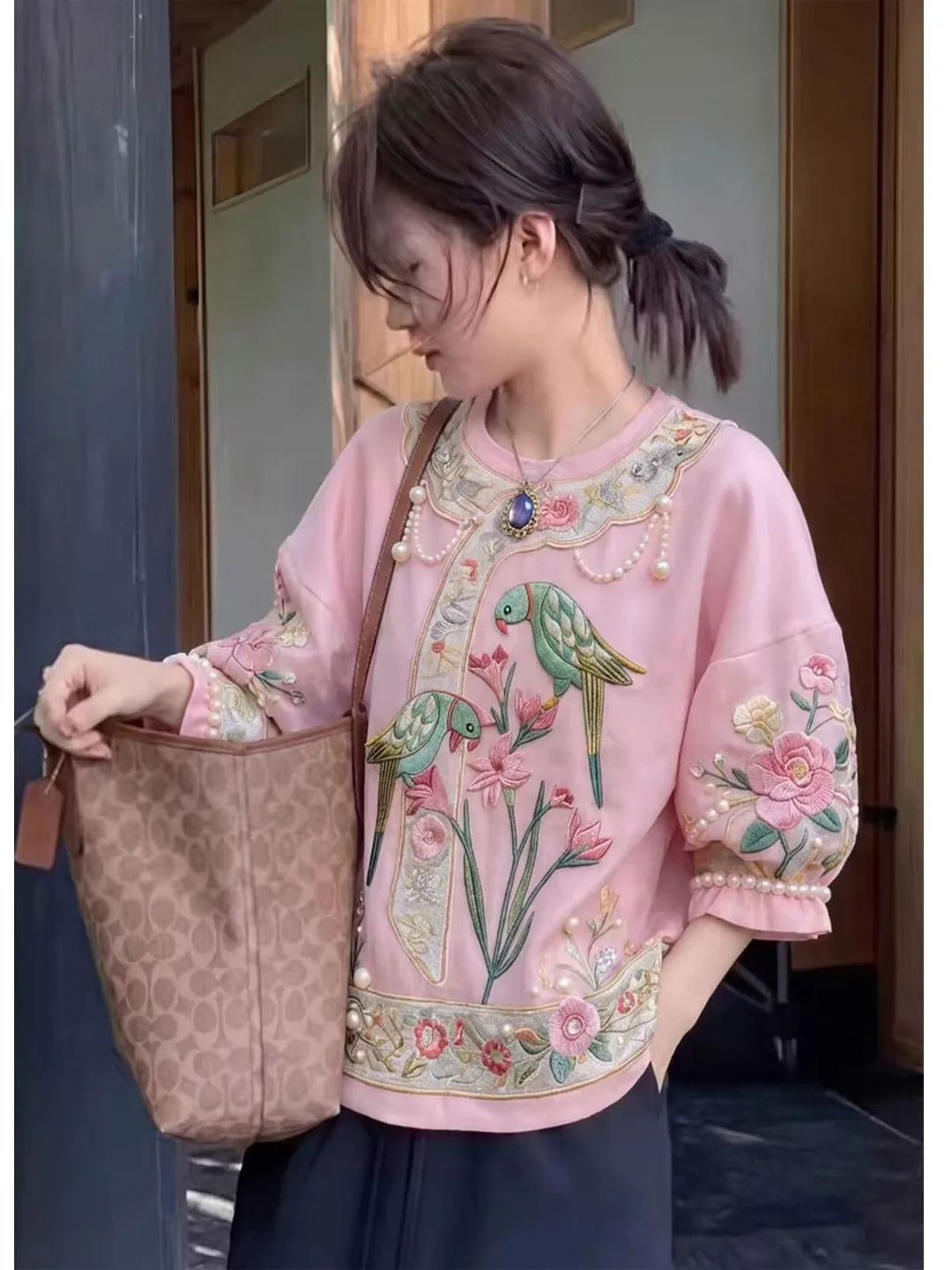 Fashionable Glittering Pearl Simple Design High-End Top Korean Style Loose Fit T-Shirt for Women Autumn Season Seven Sleeve