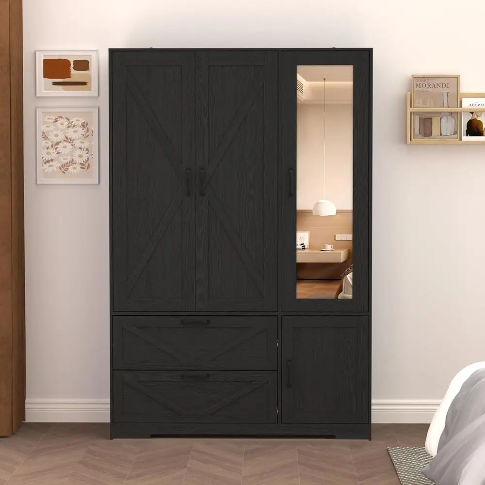 

4-Door Mirrored Wardrobe Closet with Lighting and Adjustable Shelves