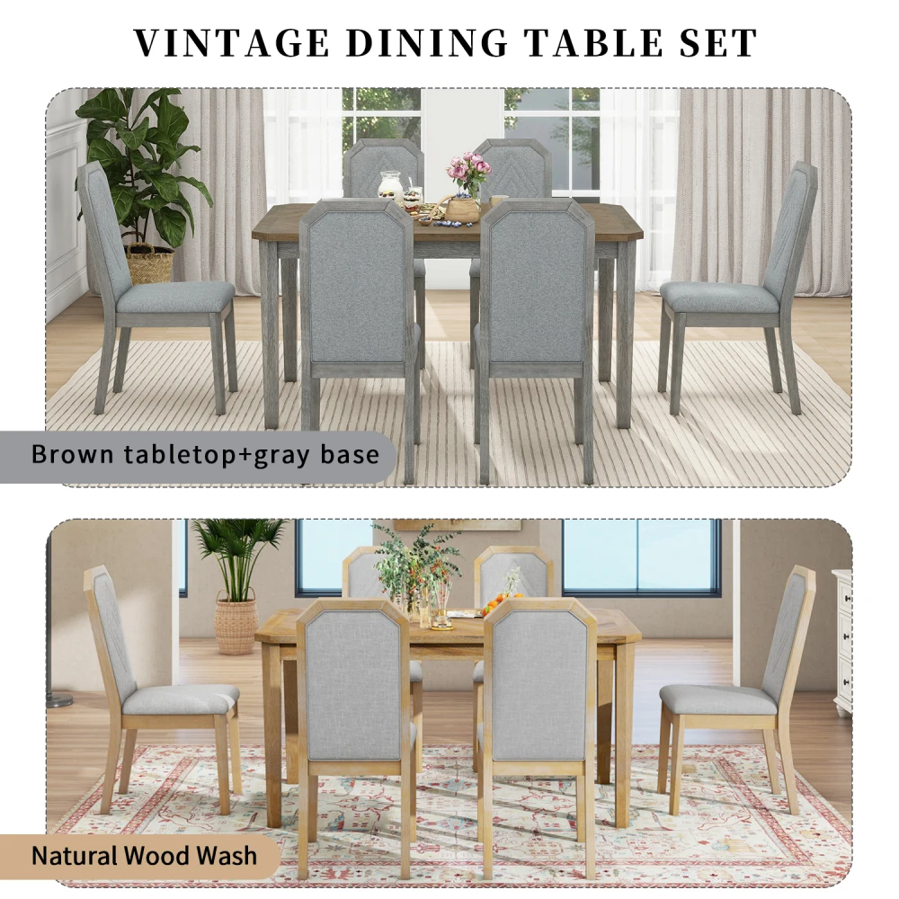TREXM 7-Piece Farmhouse Dining Set Classic Rustic Table and 6 high-back design Chairs for Dining Room, Kitchen (Brown+Gray)