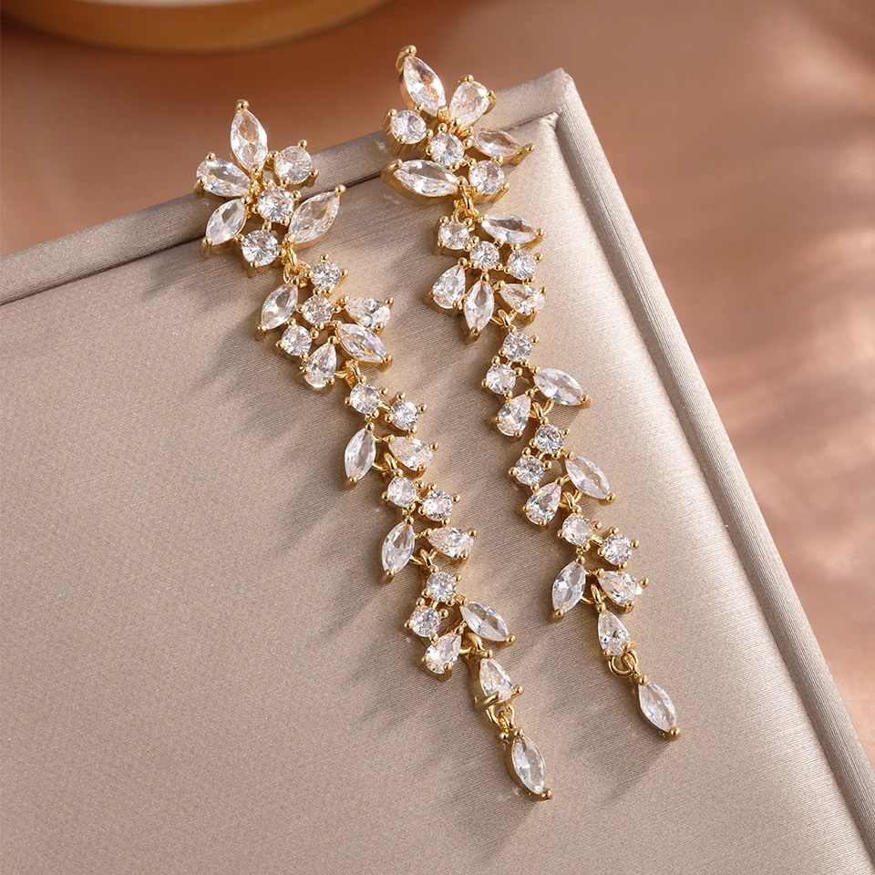 ZAKOL AAA Cubic Zirconia Leaf Long Dangle Earrings dla kobiet Eleganckie ślubne zaręczynowe akcesoria do uszu — zdjęcie 6