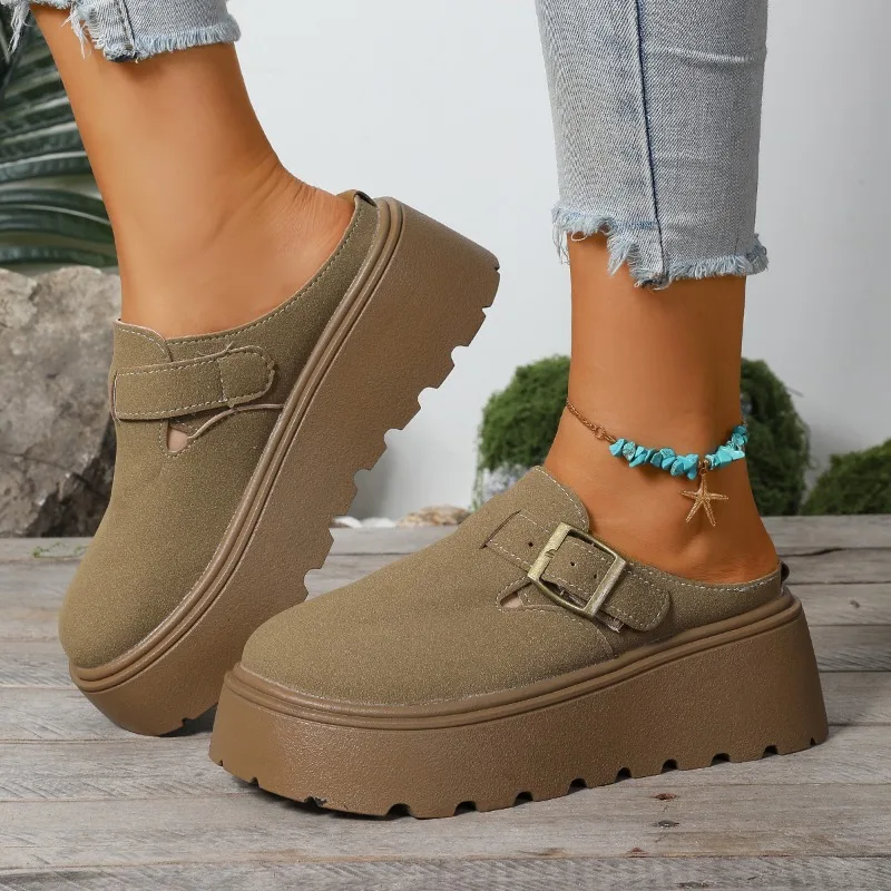 شباشب منزلية نسائية موضة 2025 بمقدمة مستديرة ربيعية سميكة القاع مسطحة فاخرة مريحة لطيفة بكعب عالي فستان أحذية غير رسمية بنمط جديد #1