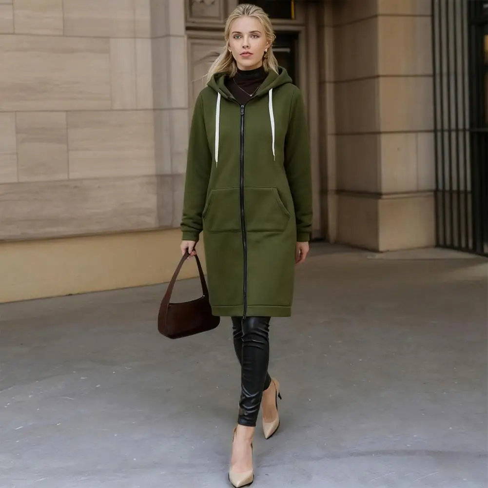 เสื้อแจ็คเก็ตผู้หญิงมีกระเป๋า ซิปแบบสวมหัว มีฮู้ด ทรงโอเวอร์ไซส์ ผ้าฟลีซ เสื้อคลุมตัวยาว มีฮู้ด สไตล์ลำลอง สำหรับฤดูใบไม้ร่วงและฤดูหนาว มีเชือกผูก