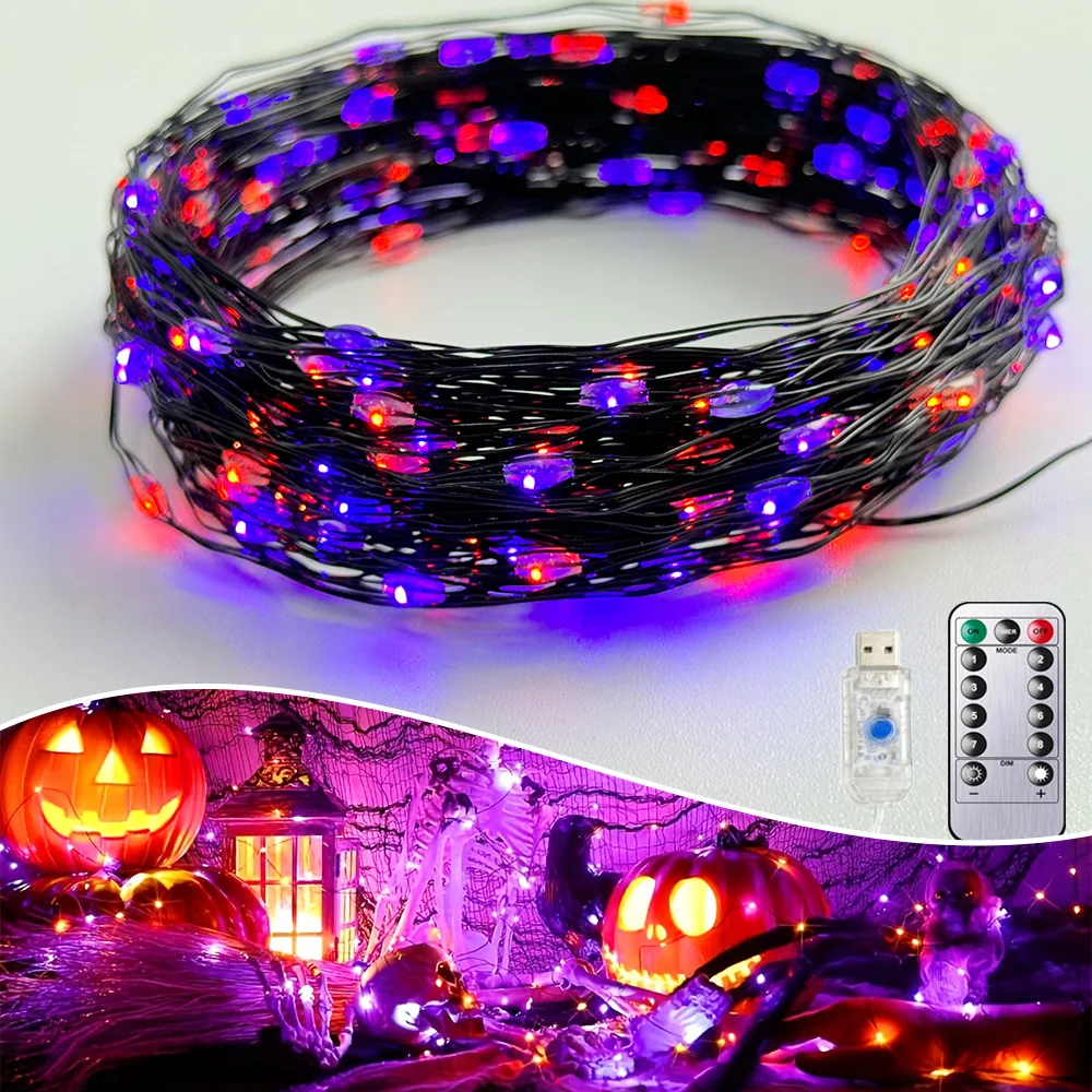 100/200LEDs Black Wire String Light Halloween Purple Fairy String Light 8Modes Indoor Wedding Christmas Garland Party Decoration