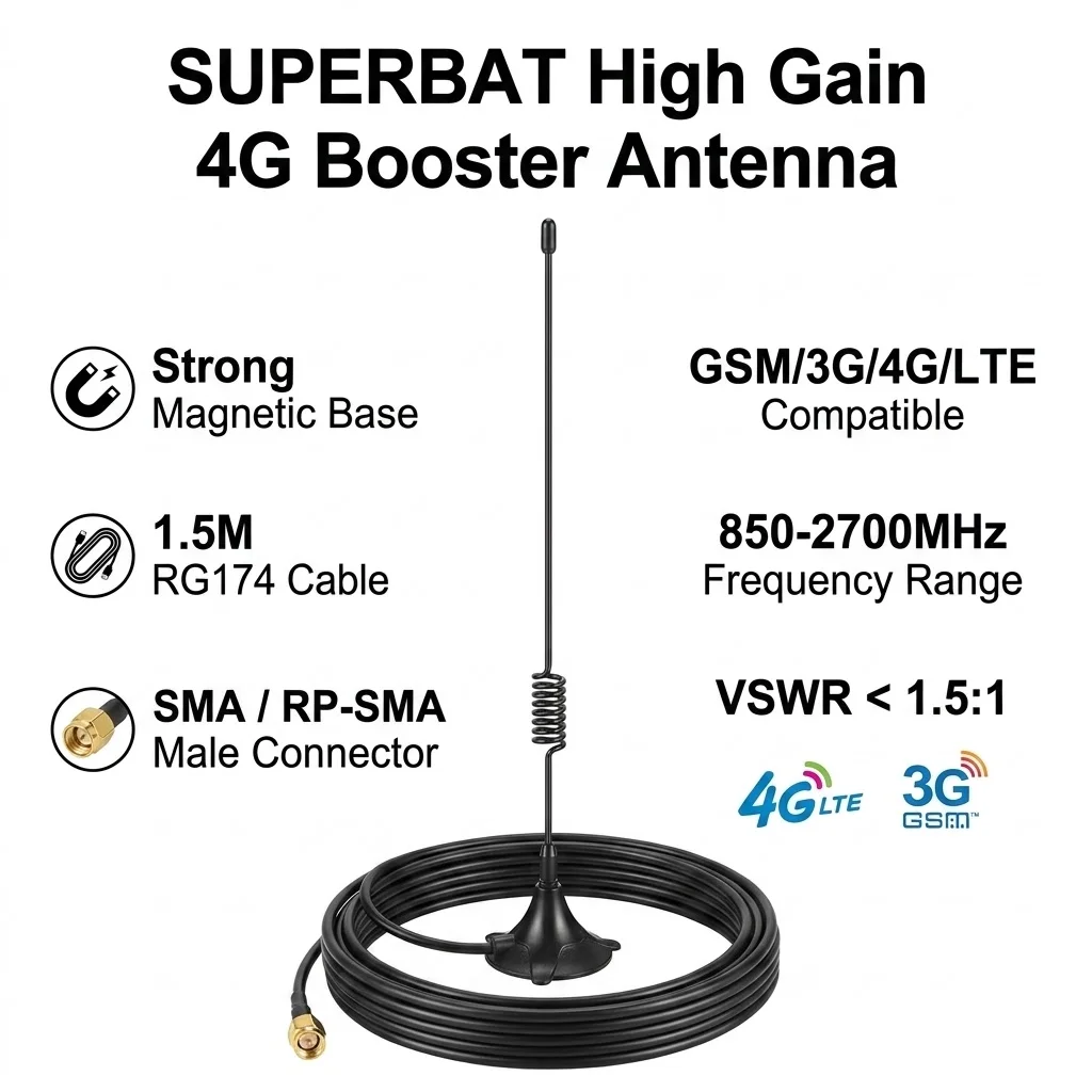 

Superbat 850/900/1800/1900/2100/2700MHz Booster Antenna Strong Magnetic Base SMA/RP-SMA Male 1.5M Cable for Mobile Signal Booste
