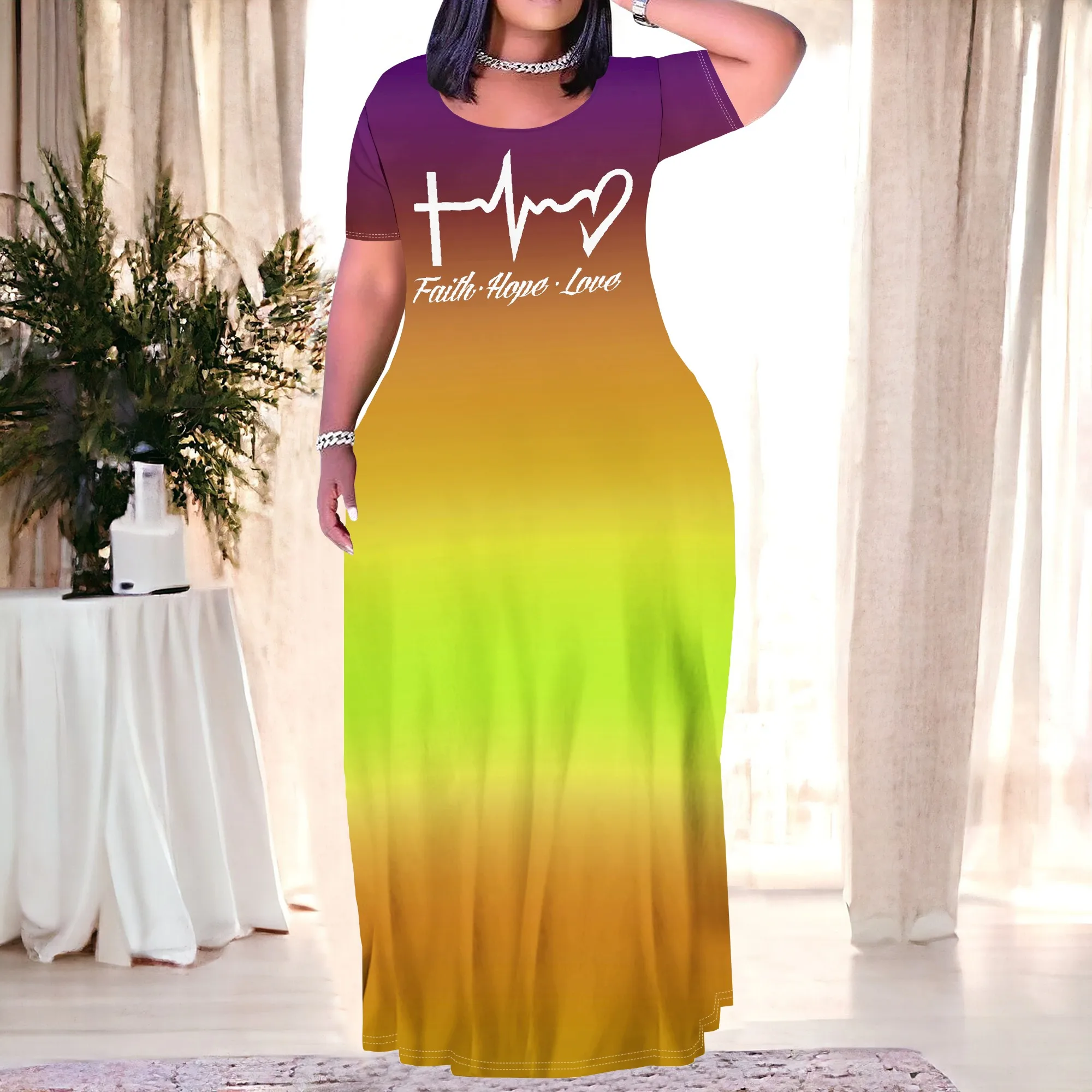 

Women's Blue Tropical Short-Sleeve Crew Neck Printed Maxi Dress with Pocket Polyester Beach Spring Chic