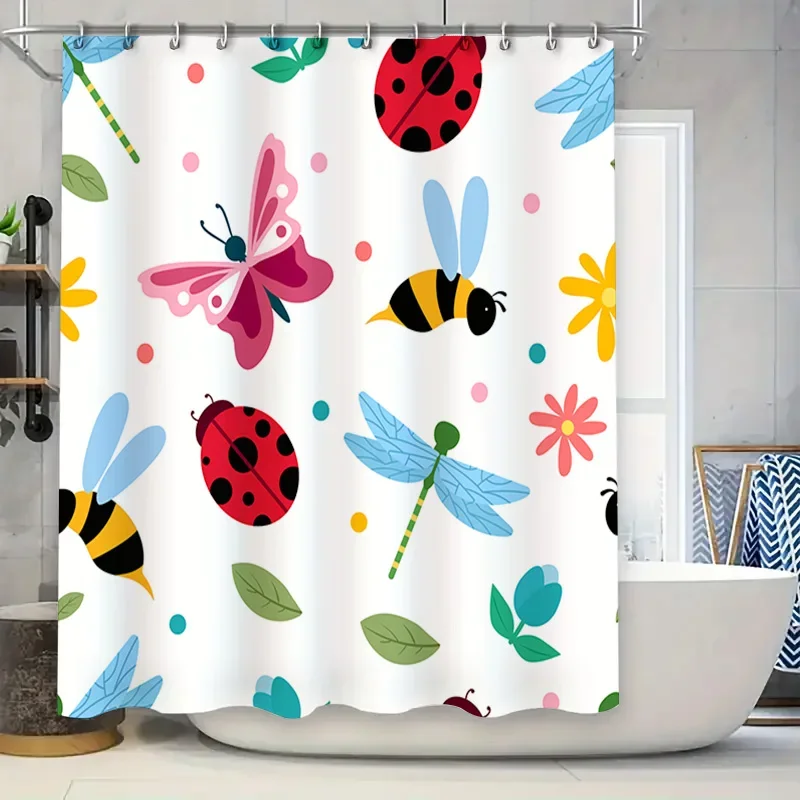 Colorful Insect Shower Curtain for Bathroom Decor Ladybug Dragonfly Butterfly Design