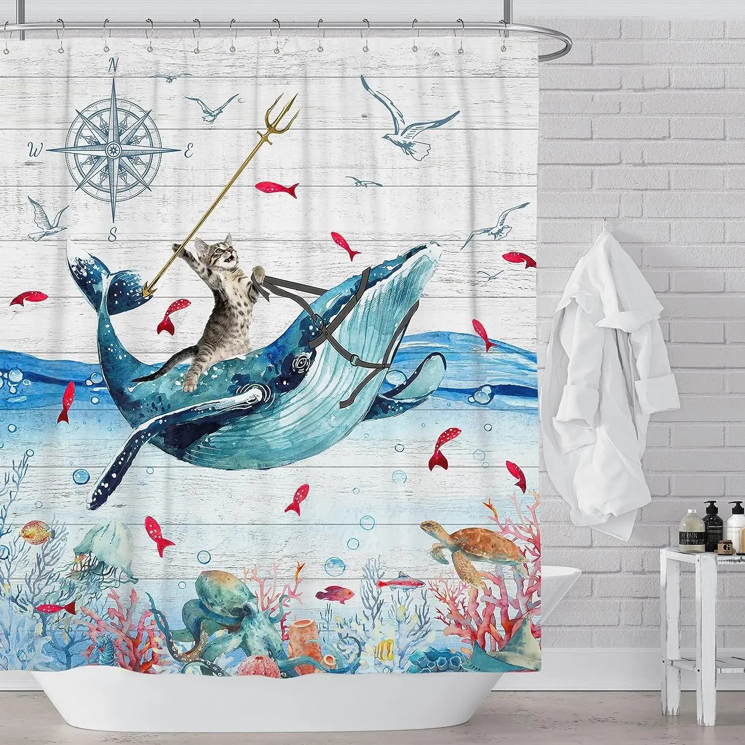 Funny Cat Shower Curtain Cute Animal Riding Whale Ocean Wave Fish Hilarious Home Shower Curtains Polyester Fabric Bathroom Decor