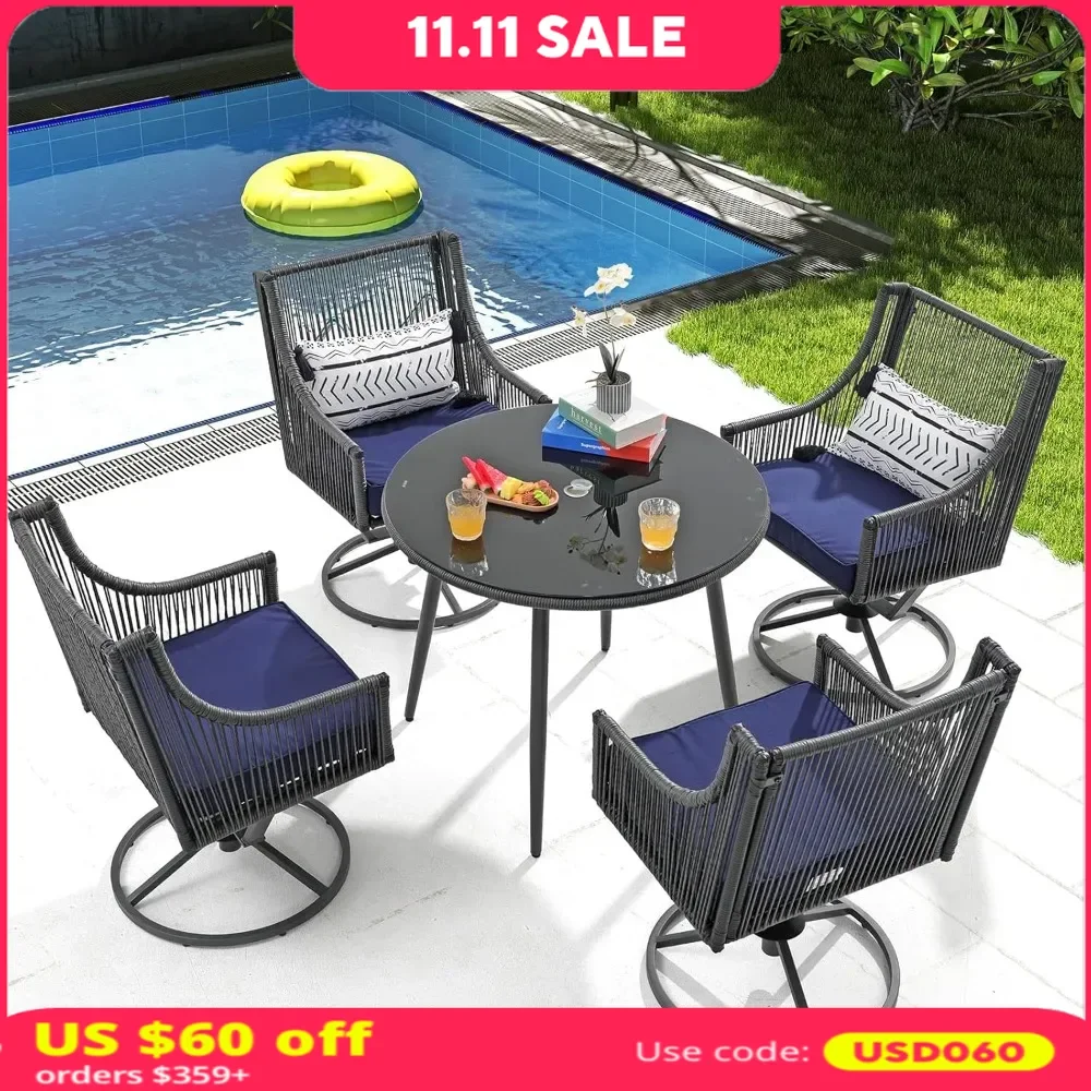 Dining Table and Chairs, Set of 5, 4 Upholstered Swivel Chairs and 1 Round Dining Table with Umbrella Hole, Garden Table Set