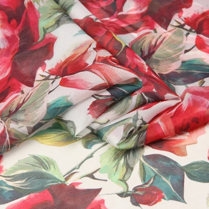 135cm wide 8mm red rose print thin silk chiffon fabric for summer long and short dress blouse shirt blue white available D741