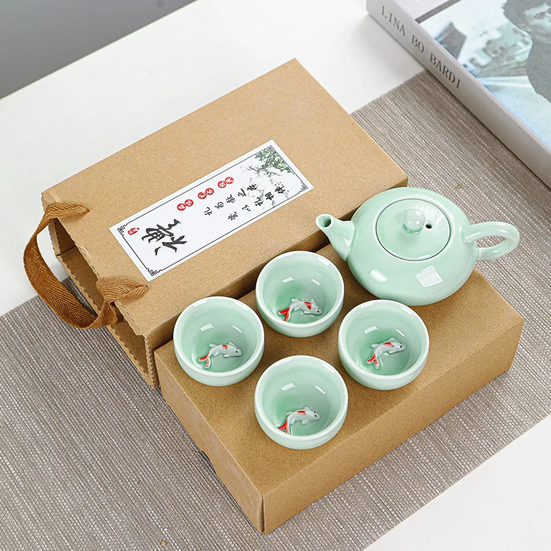 Carp Ice Crack Chinese Tea Travel Set Kung Fu Ceramic Portable Teapot Porcelain Teaset Gaiwan Cups