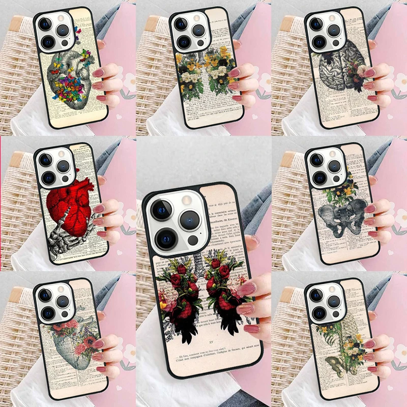 Vintage Anatomy Heart Brain Nurse Phone Case Cover for iPhone 16 Promax 15 Pro 13 14 Plus 11 12 Mini XR XS MAX Coque