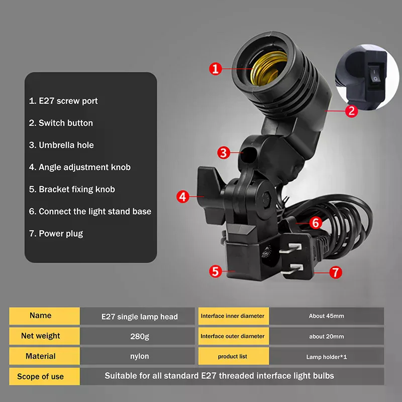 E27 AC Socket Lamp Single Head Bulb Holder Photography Light Bulb Mount For Photo With 1.8M Cable Cord Light Bulb Stand