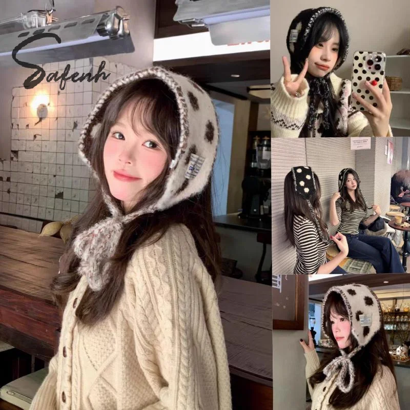Womens Cute Polka Dot Fuzzy Knit Ear Flap Hat Soft Warm Fabric Adjustable Tie Strings For Winter Daily Wear Outdoor Activities
