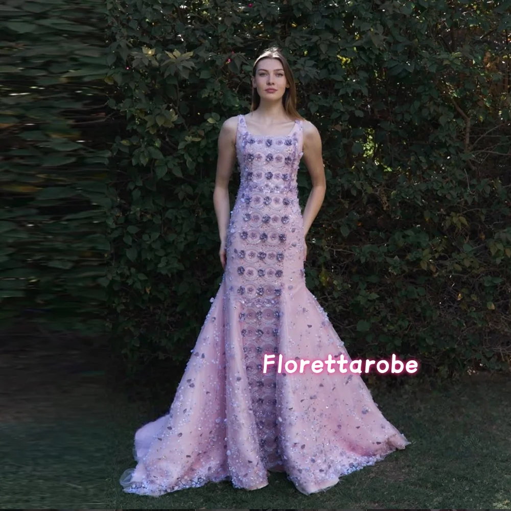 

Glamorous Luxury Evening Dresses Square Neck Glitter Prom Gowns Floral Appliques Beads Customized Special Occasion Gowns