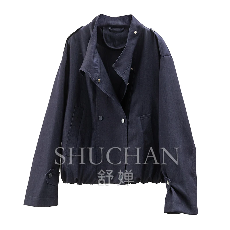 

High-end Twilight Blue Early Autumn High-end Loose Stand-up Collar Jacket Denim Short Jacket Women's 98A3