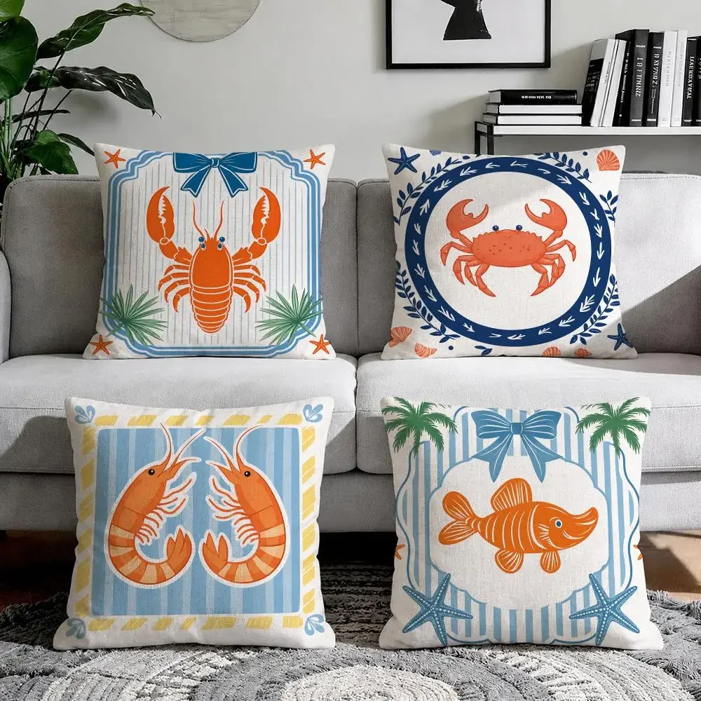 Preppy Crab Shrimp Print Cushion Cover Natural Breathable Durable Linen Printed Decor Pillow Case Sofa Bedroom