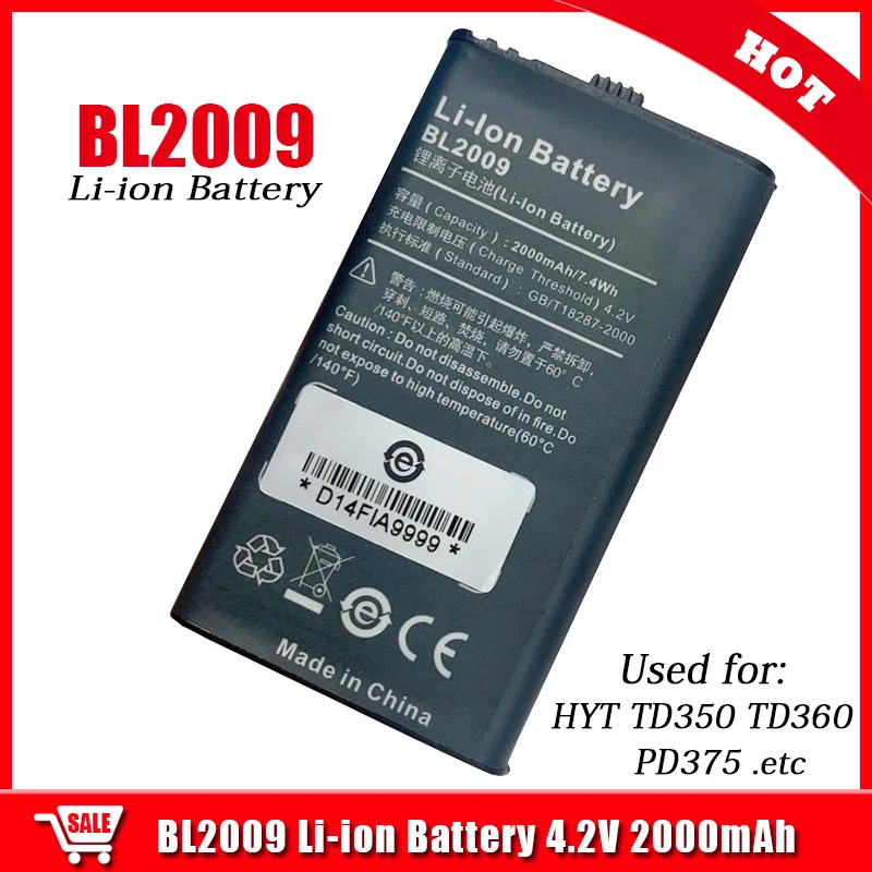 

BL2009 Li-Ion Battery Rechargeable 4.2V 2000mAh for Walkie Talkie HYT Hytera TD350 TD360 PD375 Two Way Radio Replacement Battery